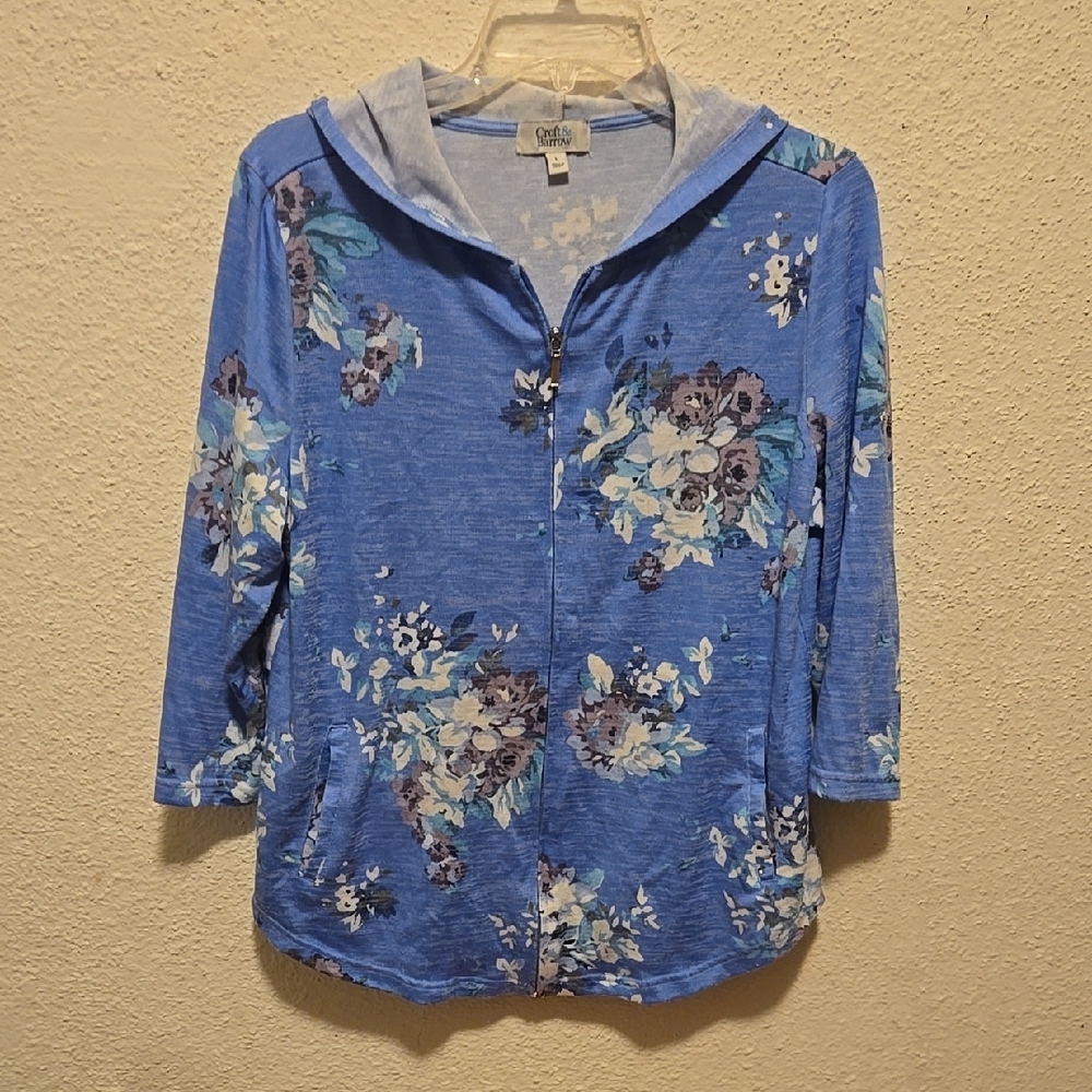B11 Women's Blue Floral 3/4 Sleeve Zip Front Hoodie by Croft & Barrow Sz Lg
